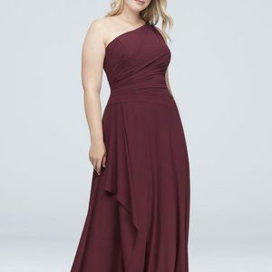 David's Bridal One-Shoulder Georgette Cascade Dress in Wine